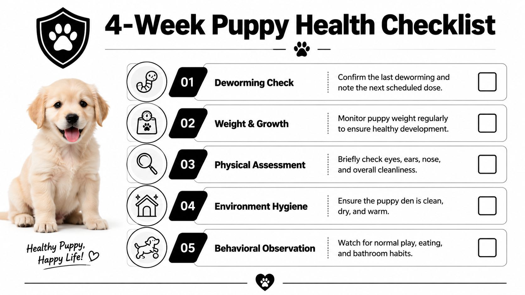 A 4-week puppy health checklist infographic featuring a cute golden retriever puppy and five essential care steps.