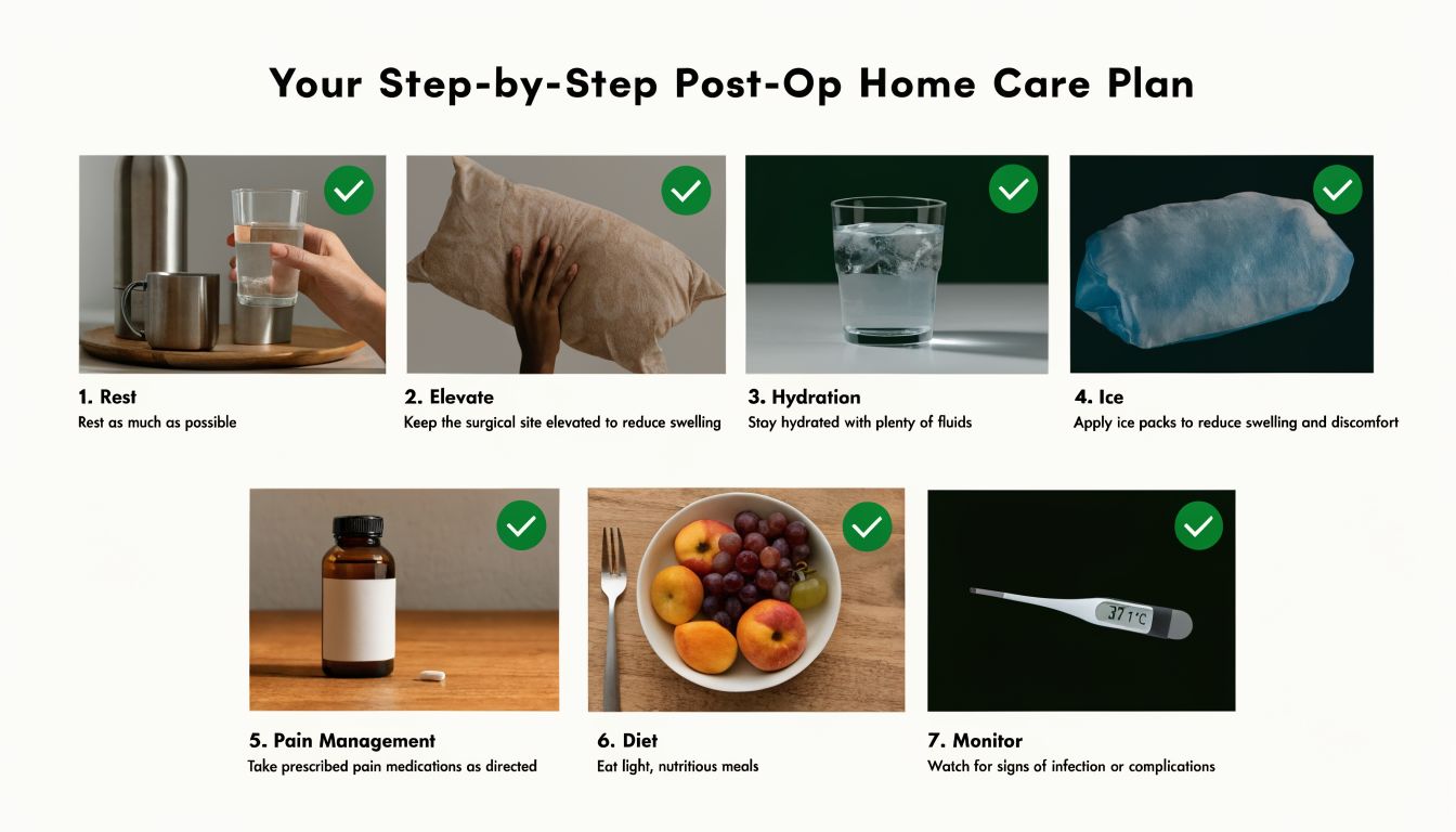 A seven-step post-operative home care plan infographic featuring icons for rest, elevation, hydration, ice, medication, diet, and monitoring.