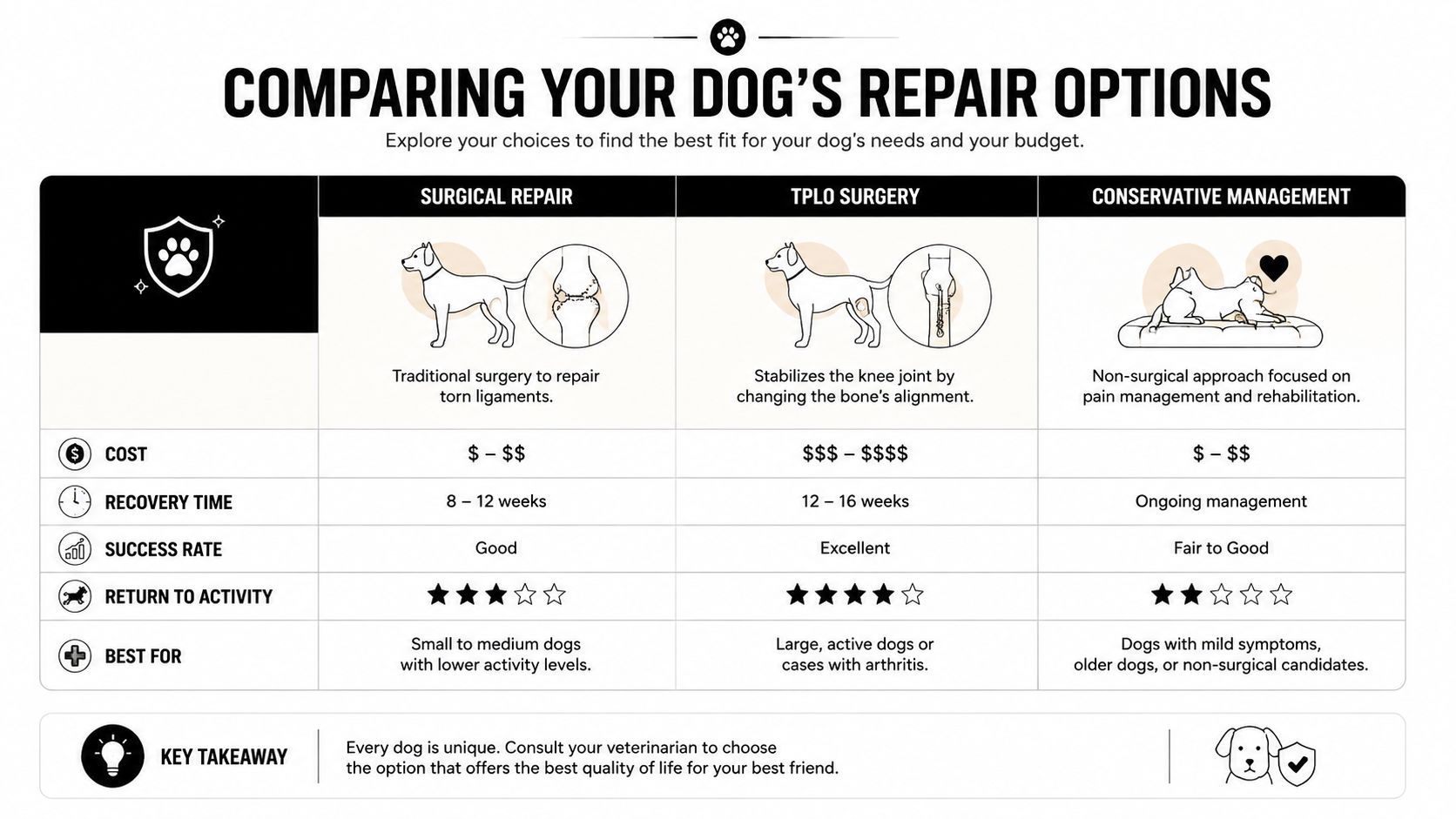 A comparison chart outlining treatment options for dog knee injuries, including surgical repair, TPLO surgery, and conservative management.