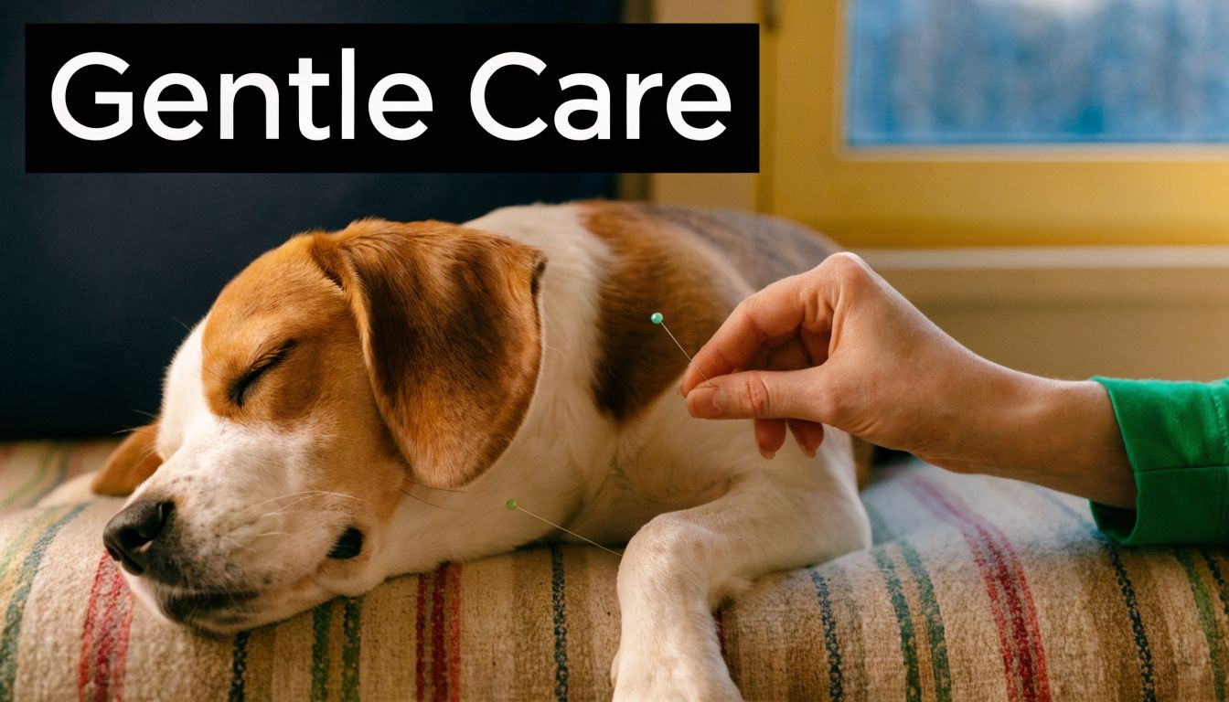 A gentle hand performing acupuncture on a calm, sleeping beagle dog resting on a cozy blanket.