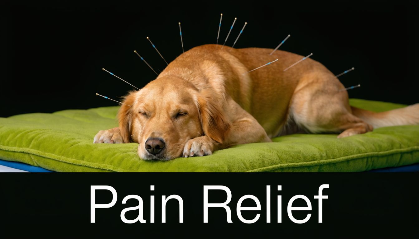 A golden retriever dog lying on a green bed while receiving an acupuncture treatment for pain relief.