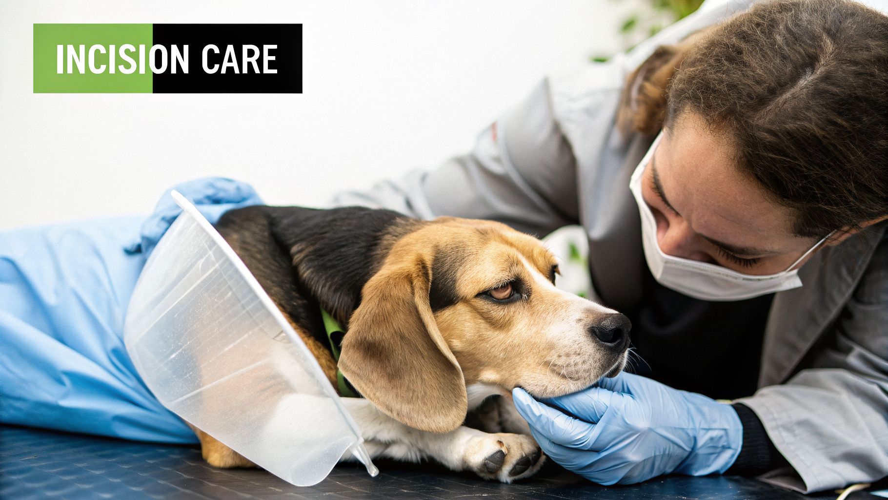 A veterinarian gently cares for a beagle dog wearing a protective cone after surgery, focusing on incision care.