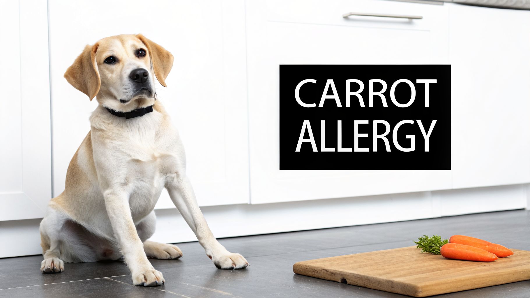 A yellow Labrador puppy sits by a 'Carrot Allergy' sign, looking at fresh carrots on a board.