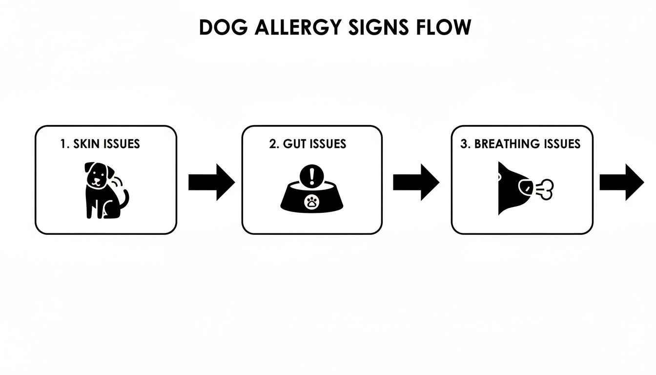 Flowchart illustrating dog allergy signs, progressing from skin issues to gut issues, then to breathing issues.