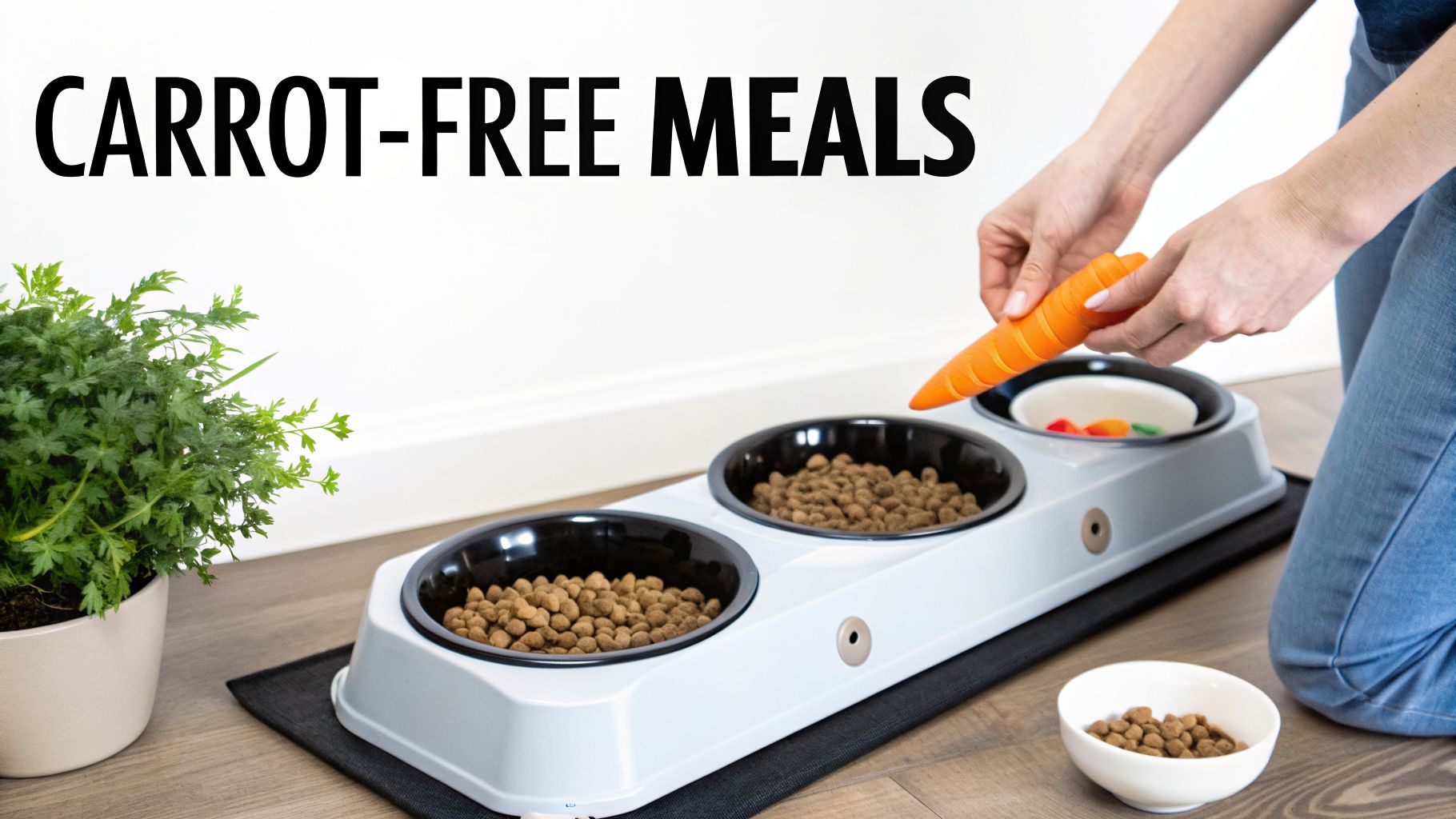A person places a toy carrot into an empty pet bowl next to two bowls of kibble.