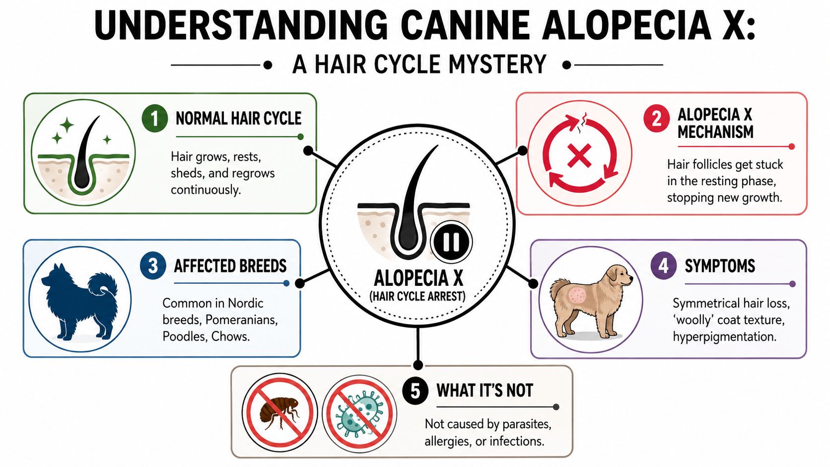 An educational infographic explaining Canine Alopecia X, covering the hair cycle, affected breeds, symptoms, and causes.
