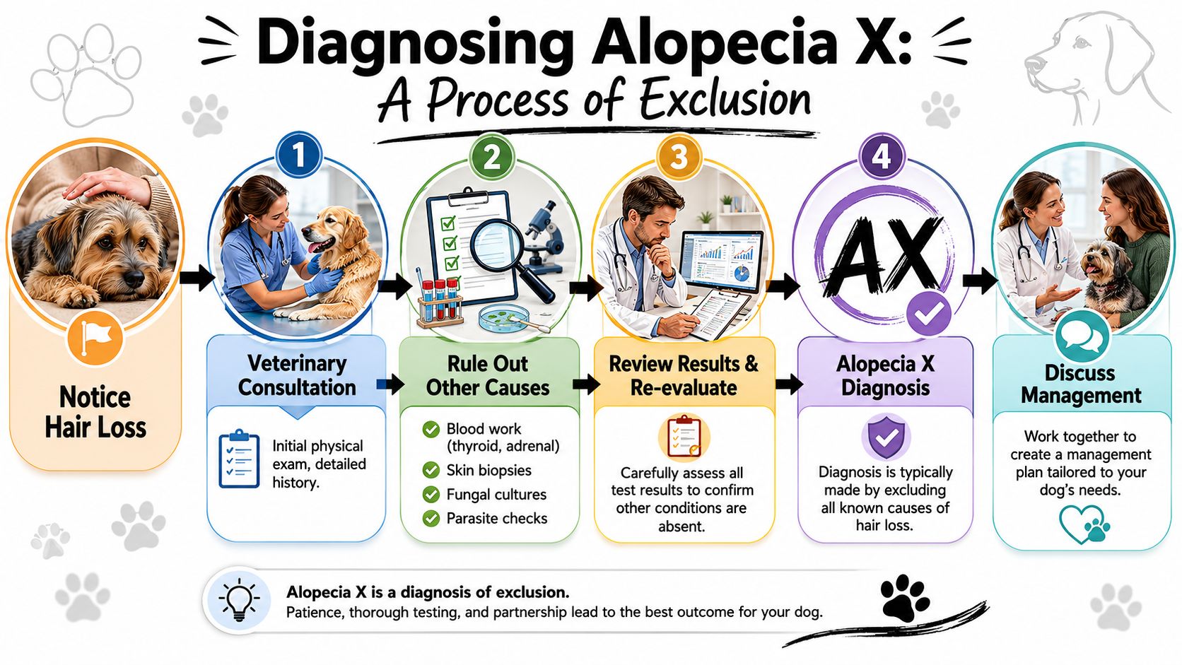 A colorful infographic illustrating the step-by-step diagnostic process for identifying Alopecia X in pet dogs.