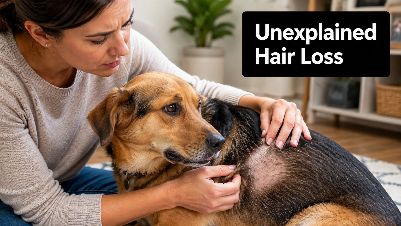 A concerned woman examining a patch of hair loss on her dog's back in a home setting.