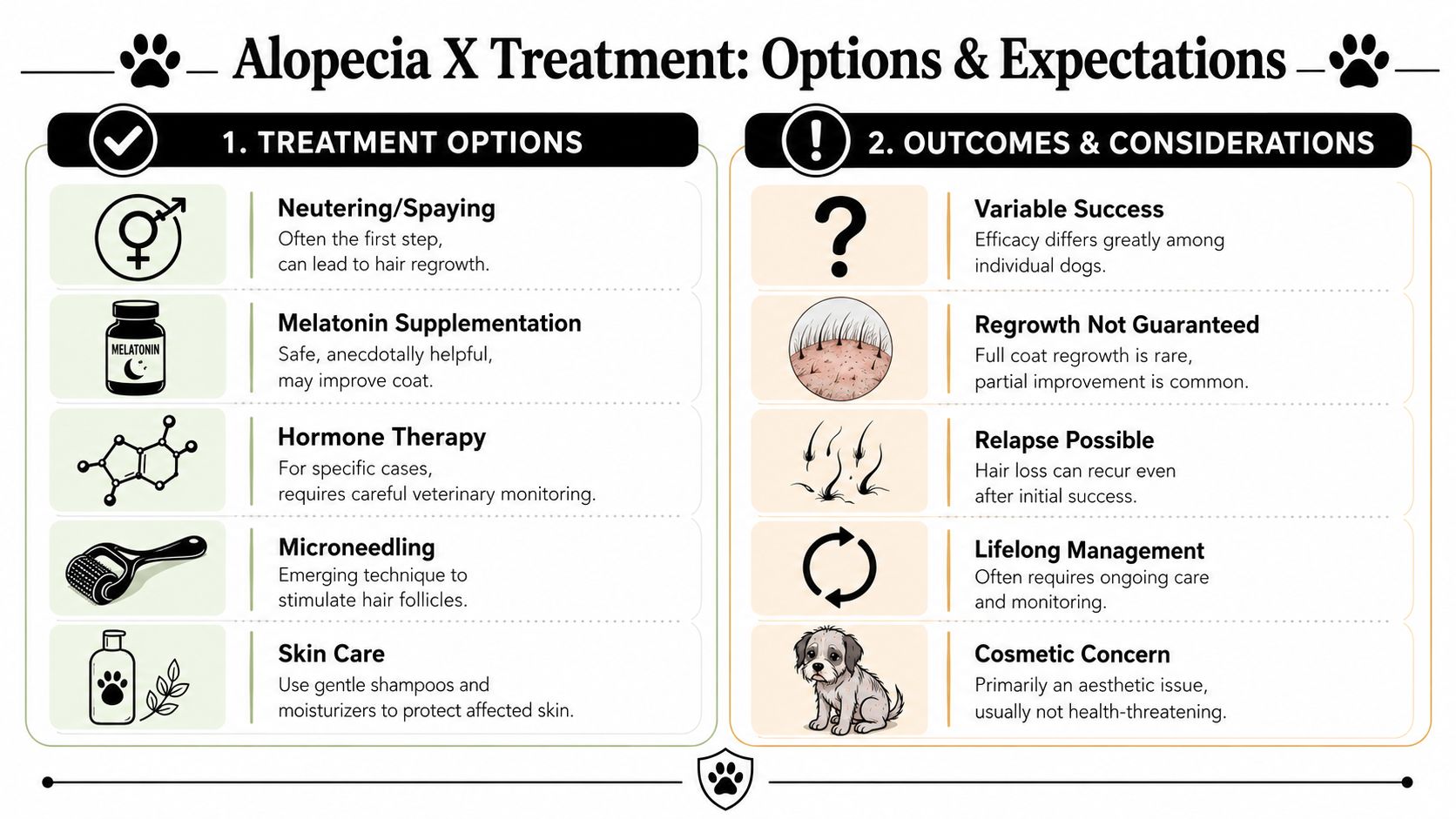 A detailed infographic explaining various treatment options and expectations for managing Alopecia X in dogs.