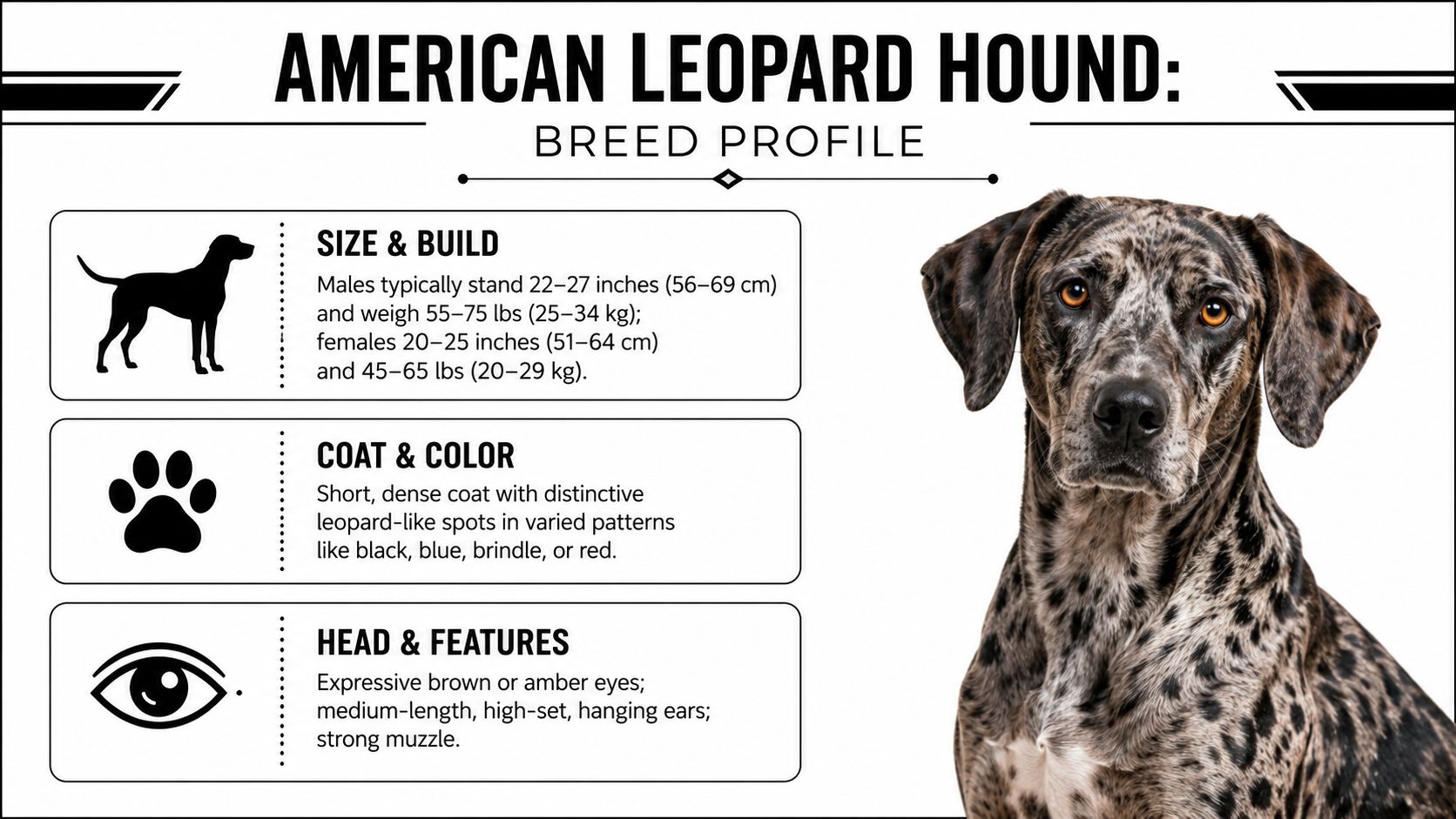 A breed profile infographic for the American Leopard Hound showcasing its size, coat, and physical features.