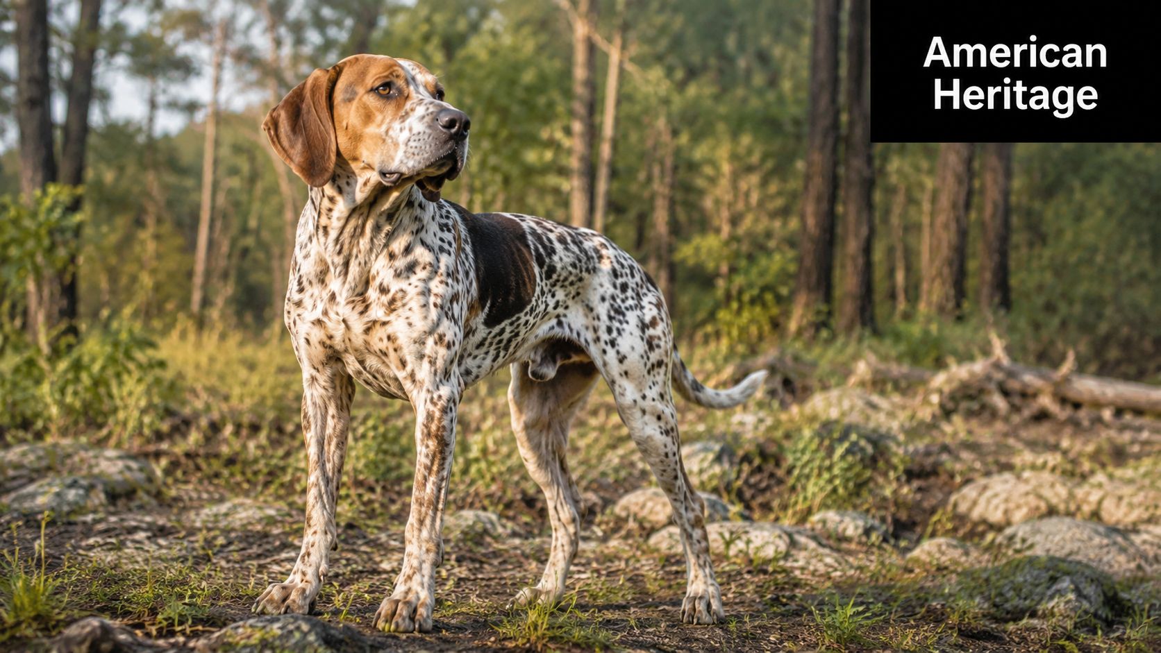 An American Leopard Hound standing alert in a sunlit forest clearing with a speckled coat.