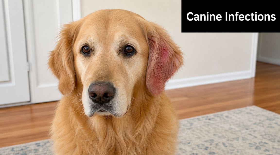 A golden retriever sitting on a rug with a noticeably red and irritated inflamed ear flap.