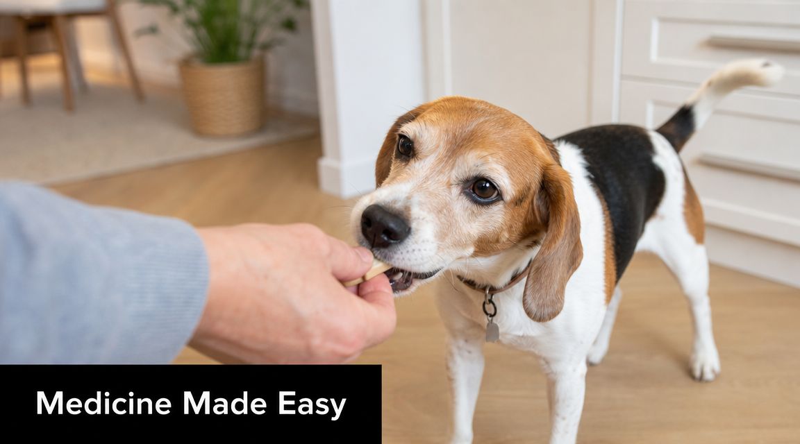 A person offering a medication pill to a beagle dog in a home setting.