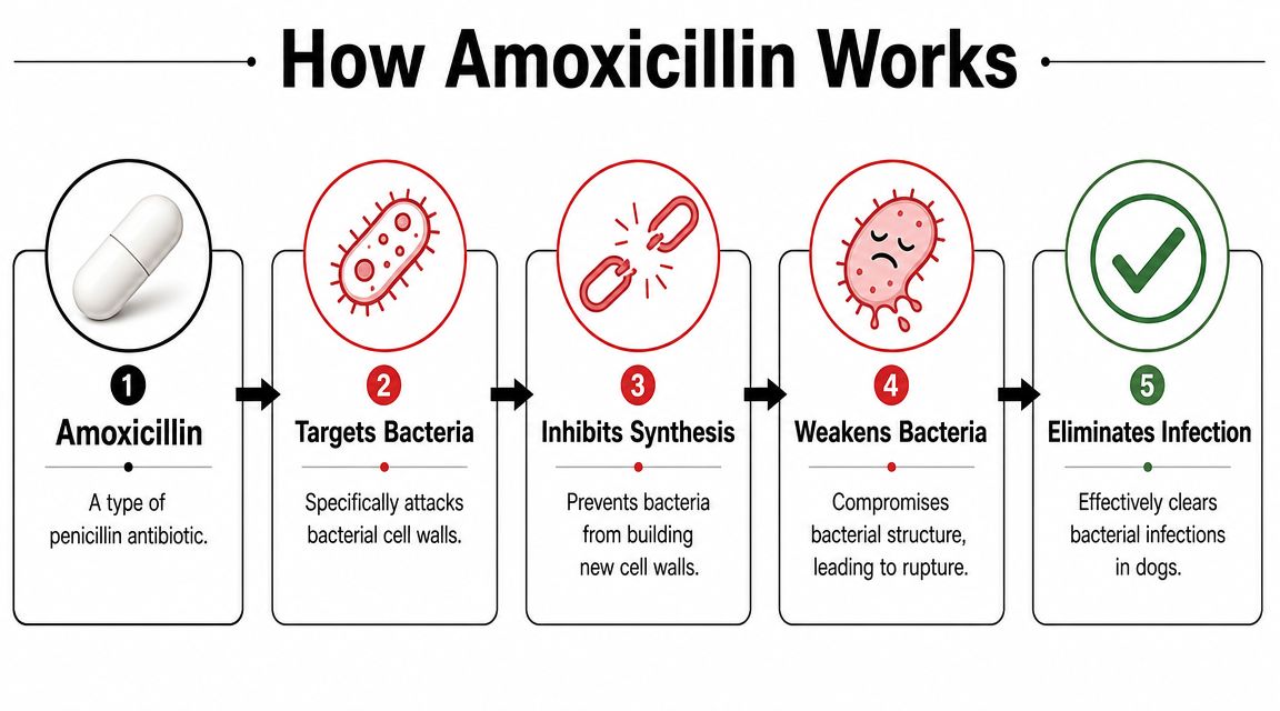 A five-step infographic showing how amoxicillin works to weaken and eliminate bacterial infections in dogs.