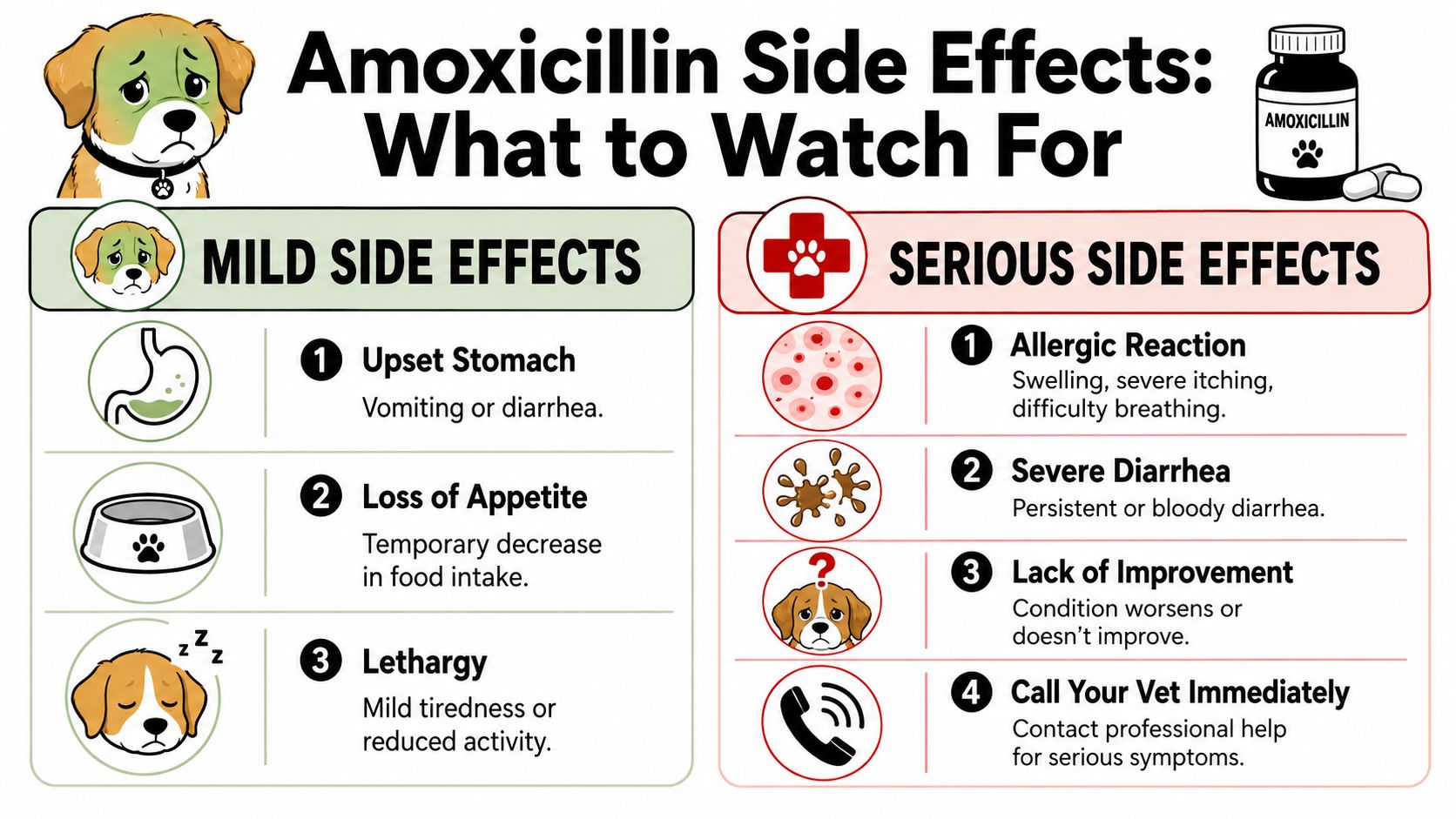 An infographic detailing the mild and serious side effects of amoxicillin medication for pet dogs.
