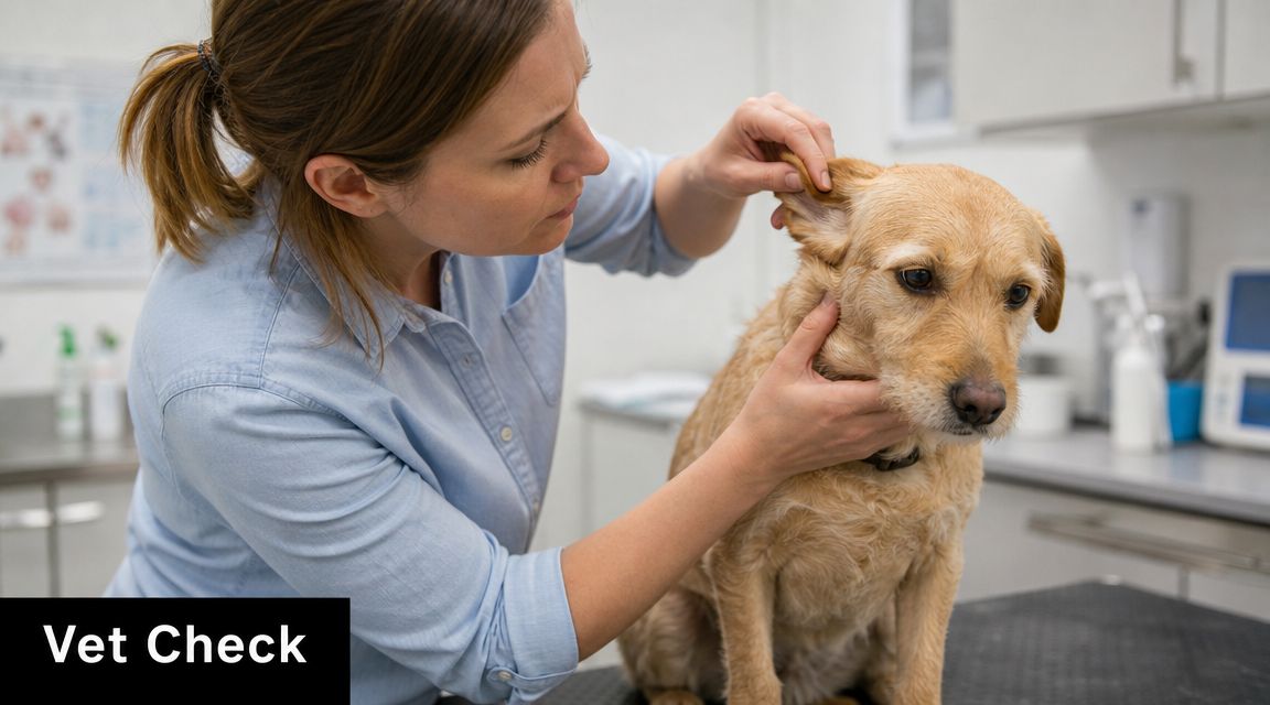 A veterinarian performing a physical ear examination on a golden retriever dog during a clinic visit.