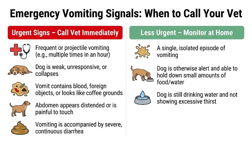 A chart showing emergency dog vomiting signs that require a vet versus cases to monitor at home.