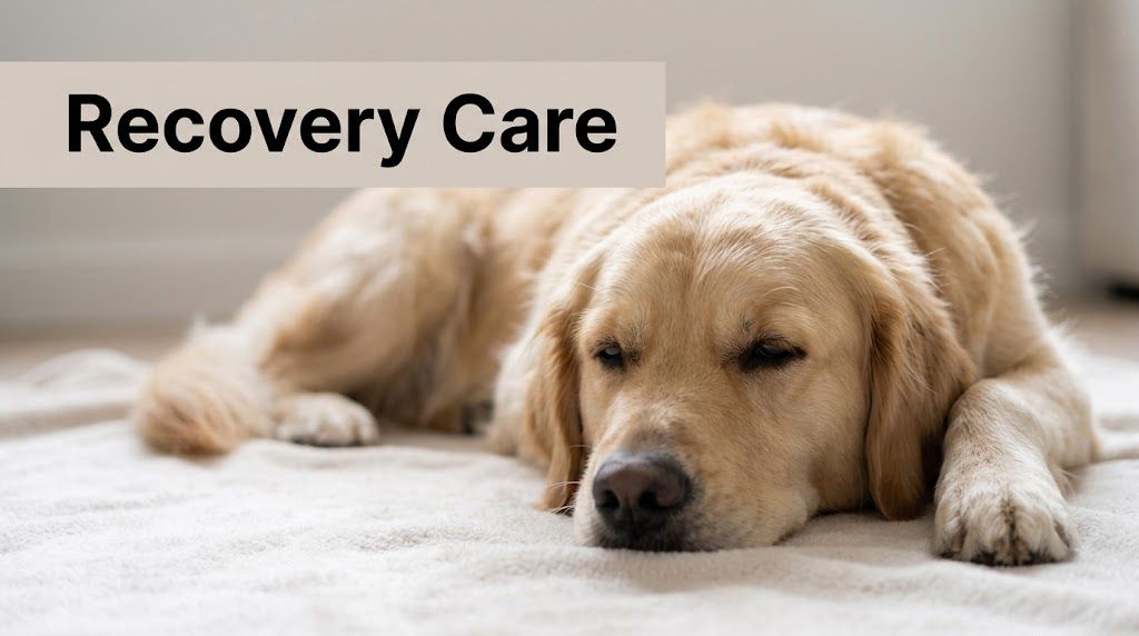 A golden retriever dog resting calmly on a soft blanket, representing professional recovery care for pets.