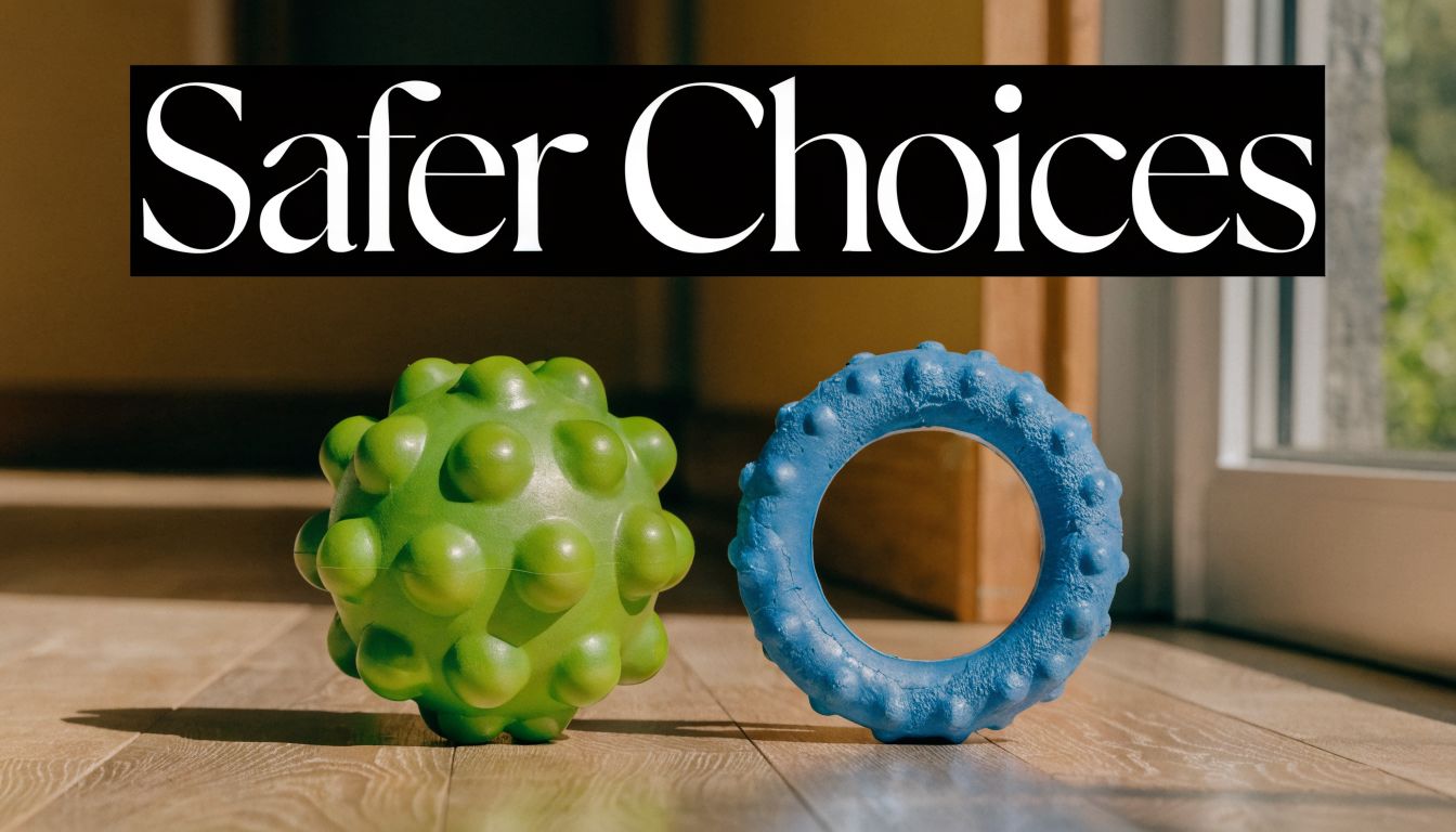 A green textured ball and a blue ring toy for dogs sitting on a wooden floor.
