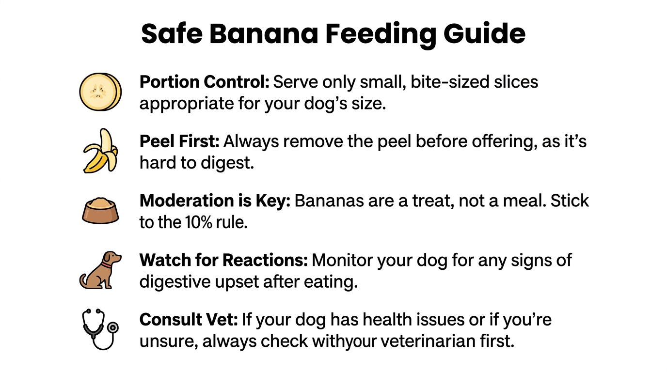 An infographic titled Safe Banana Feeding Guide outlining tips for feeding bananas to dogs safely.