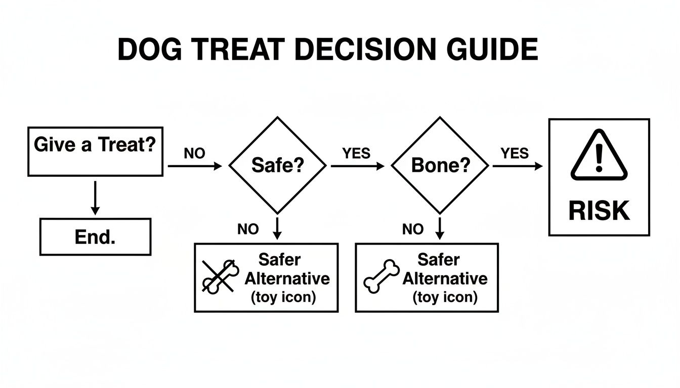 A flowchart titled 'DOG TREAT DECISION GUIDE' for giving dog treats, assessing safety, bones, and safer alternatives.
