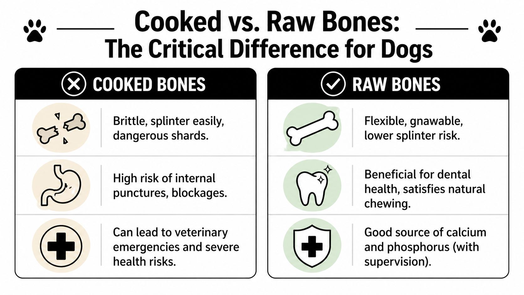 An infographic comparing the dangers of cooked bones versus the benefits of raw bones for dogs.