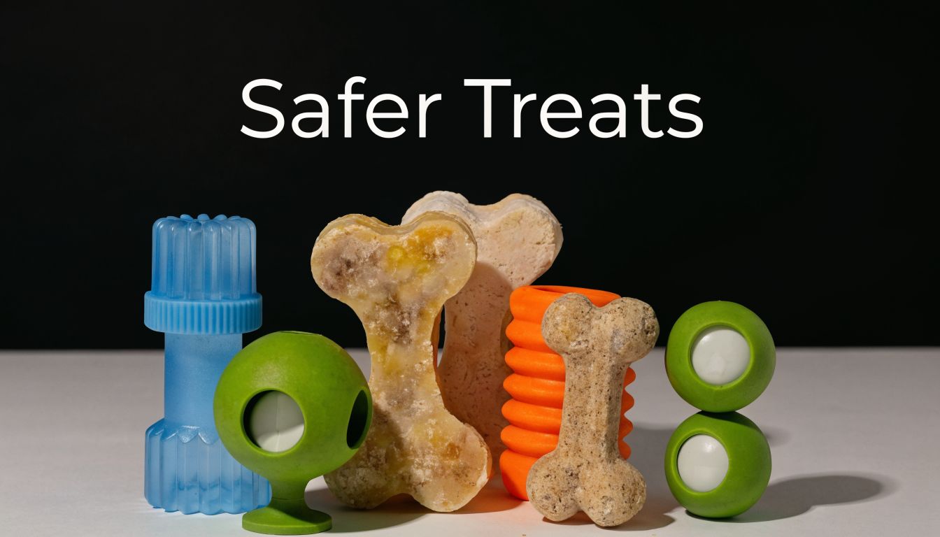 A collection of various dog chew toys and treat-shaped chews arranged together on a white surface.