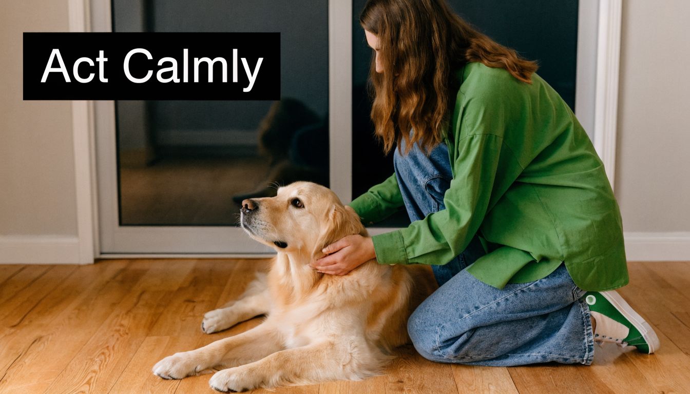 A woman kneeling on a wooden floor, gently petting a golden retriever dog indoors.