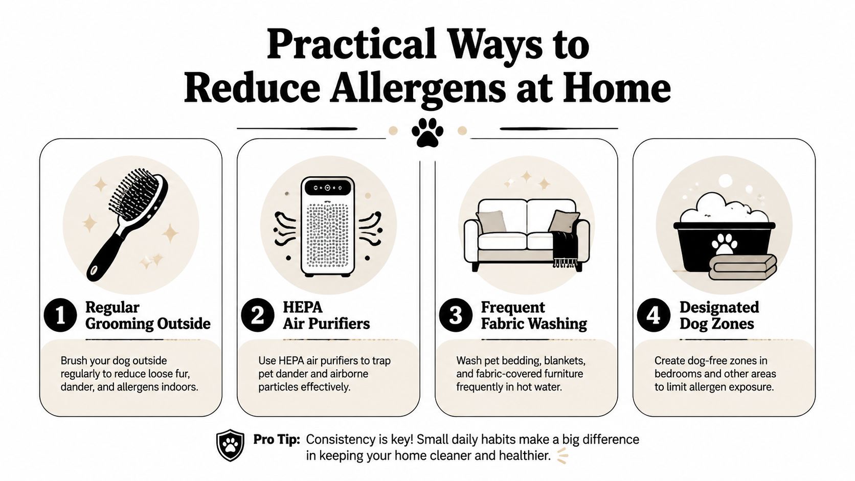An infographic showing four practical tips to reduce pet allergens at home, such as grooming and cleaning.