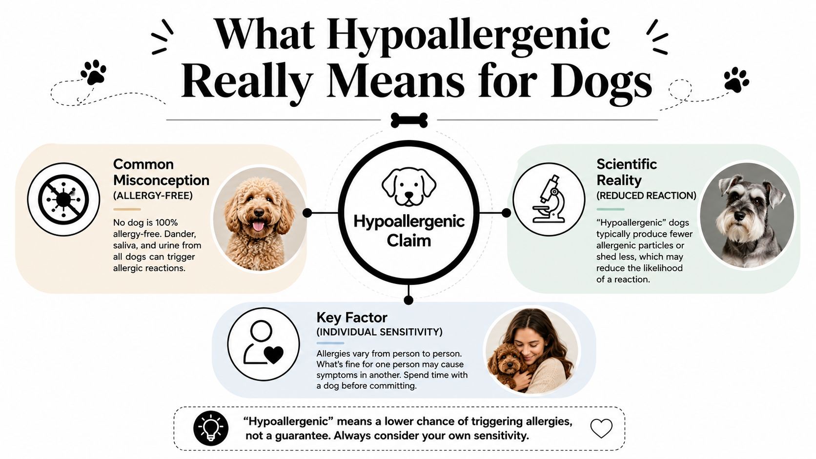 An infographic explaining that hypoallergenic dogs are not allergy-free but produce fewer allergens for some people.