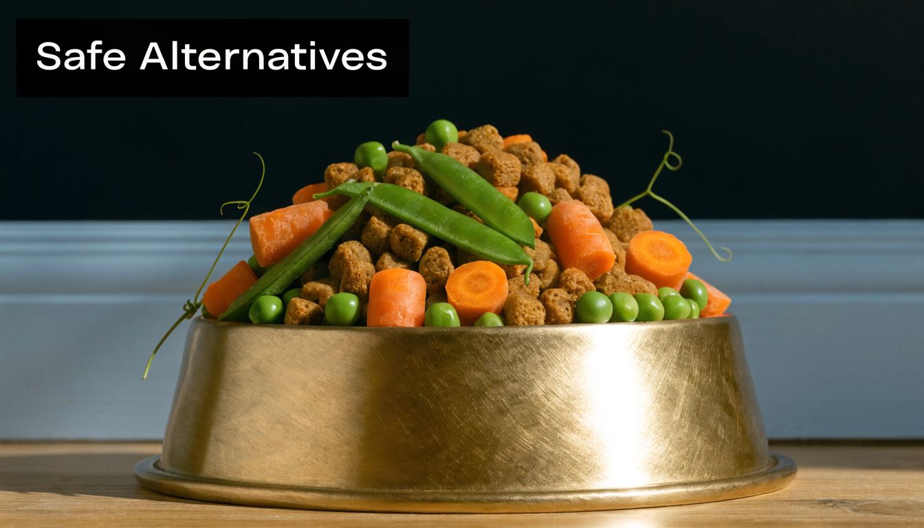 A gold dog bowl filled with dry kibble, fresh carrot slices, and green snap peas.