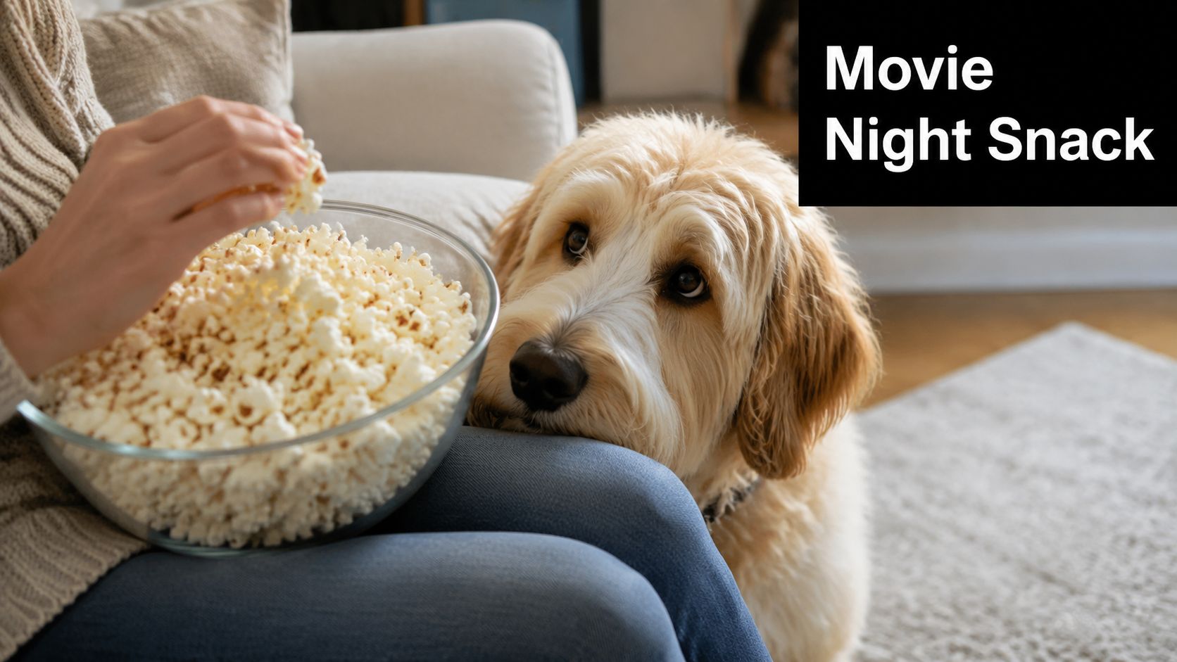 A golden-haired dog looking longingly at a person eating a bowl of popcorn on a couch.