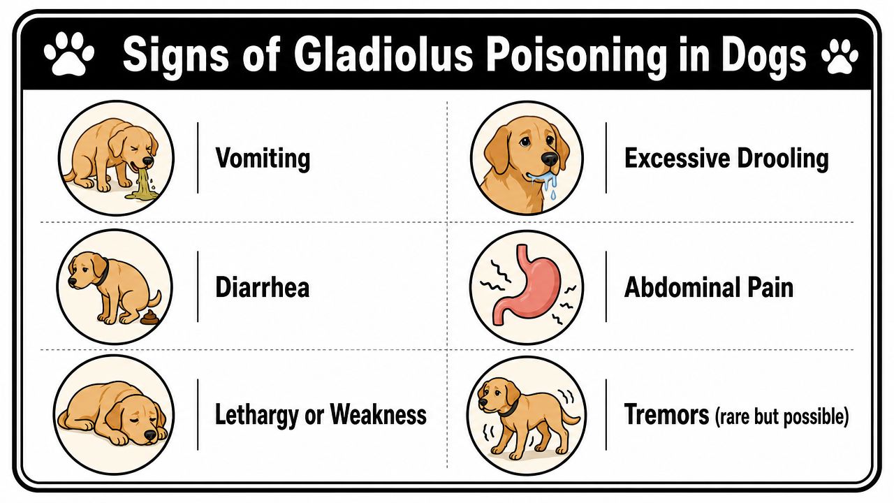 An infographic showing common signs of gladiolus poisoning in dogs, including vomiting, diarrhea, and tremors.