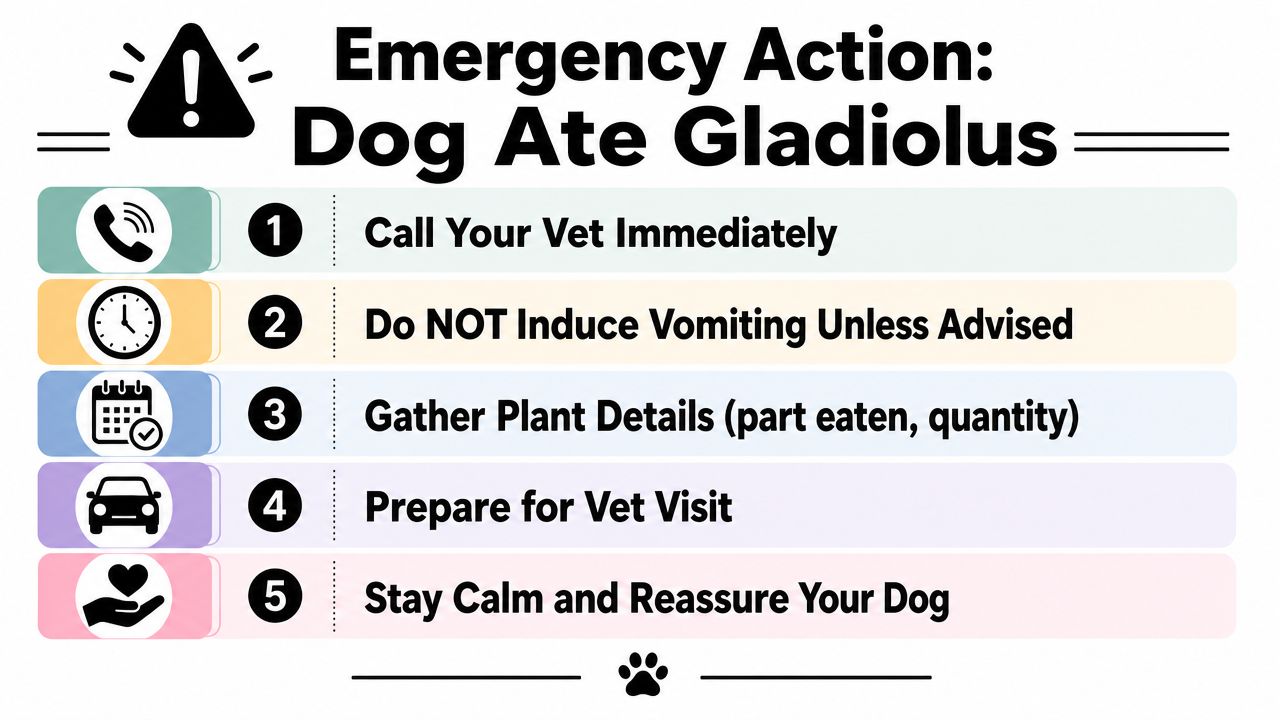 A safety infographic titled Emergency Action if a dog has eaten toxic gladiolus flowers, listing five steps.