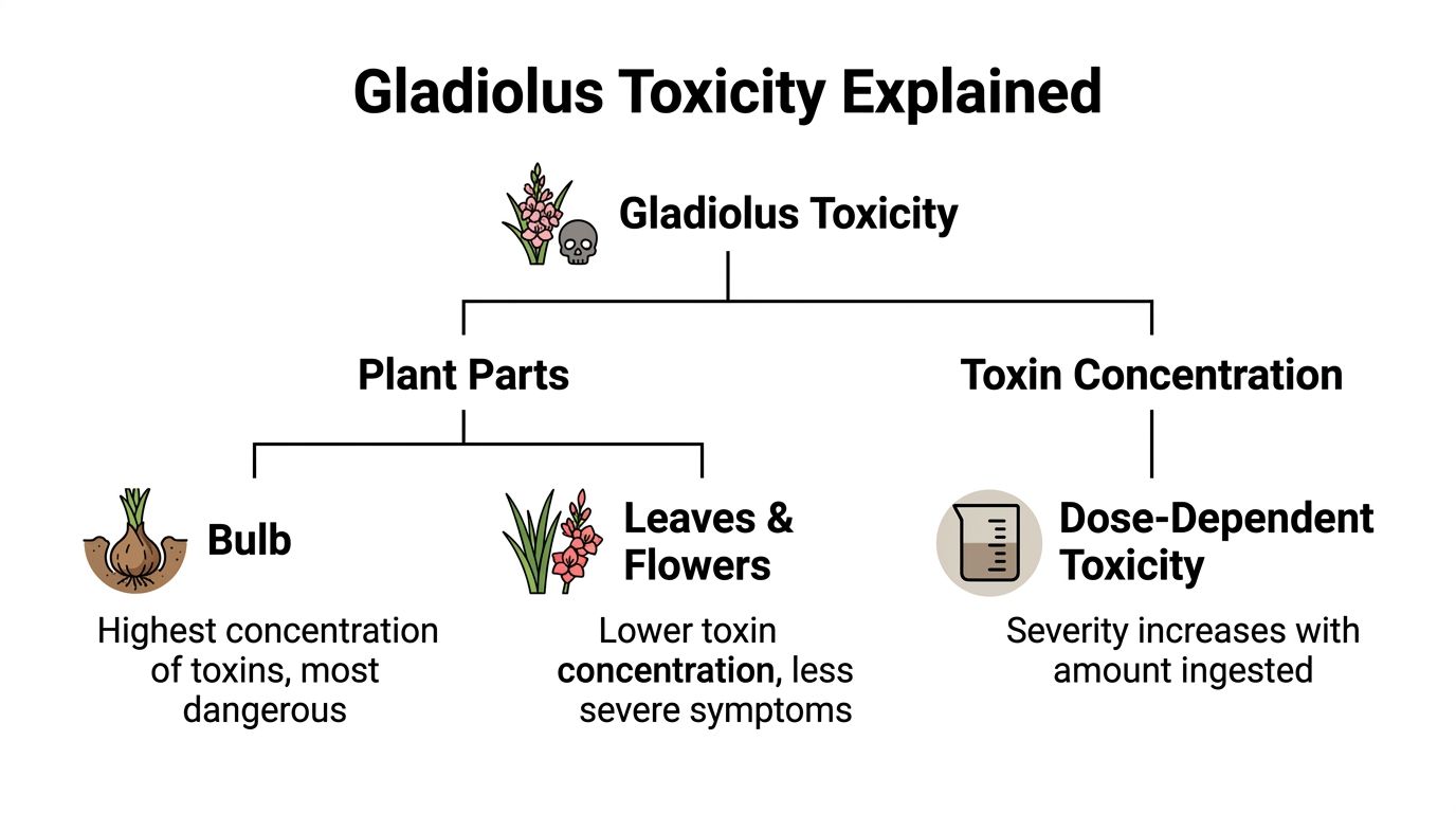 A diagram explaining that gladiolus plants are toxic, especially the bulbs, with severity being dose-dependent.