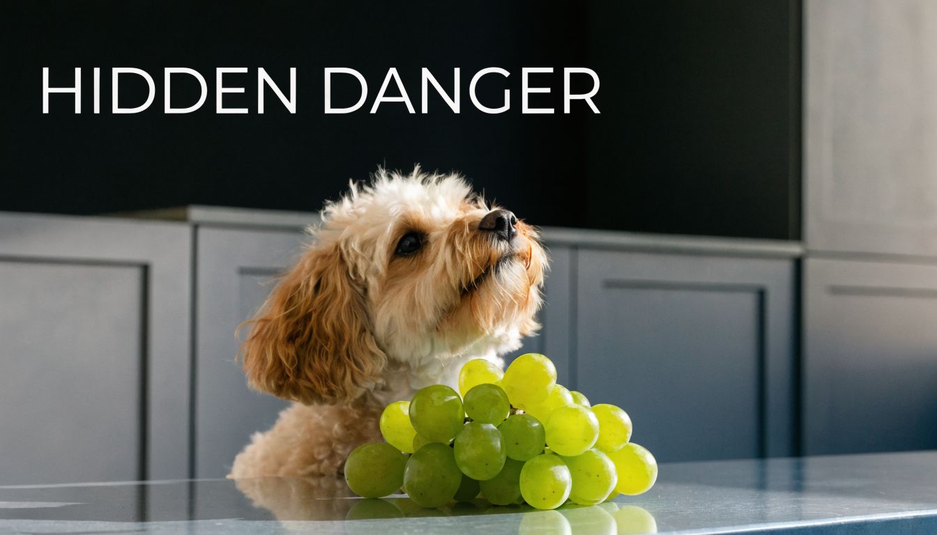 A small fluffy dog looking up at a bunch of green grapes on a kitchen counter.
