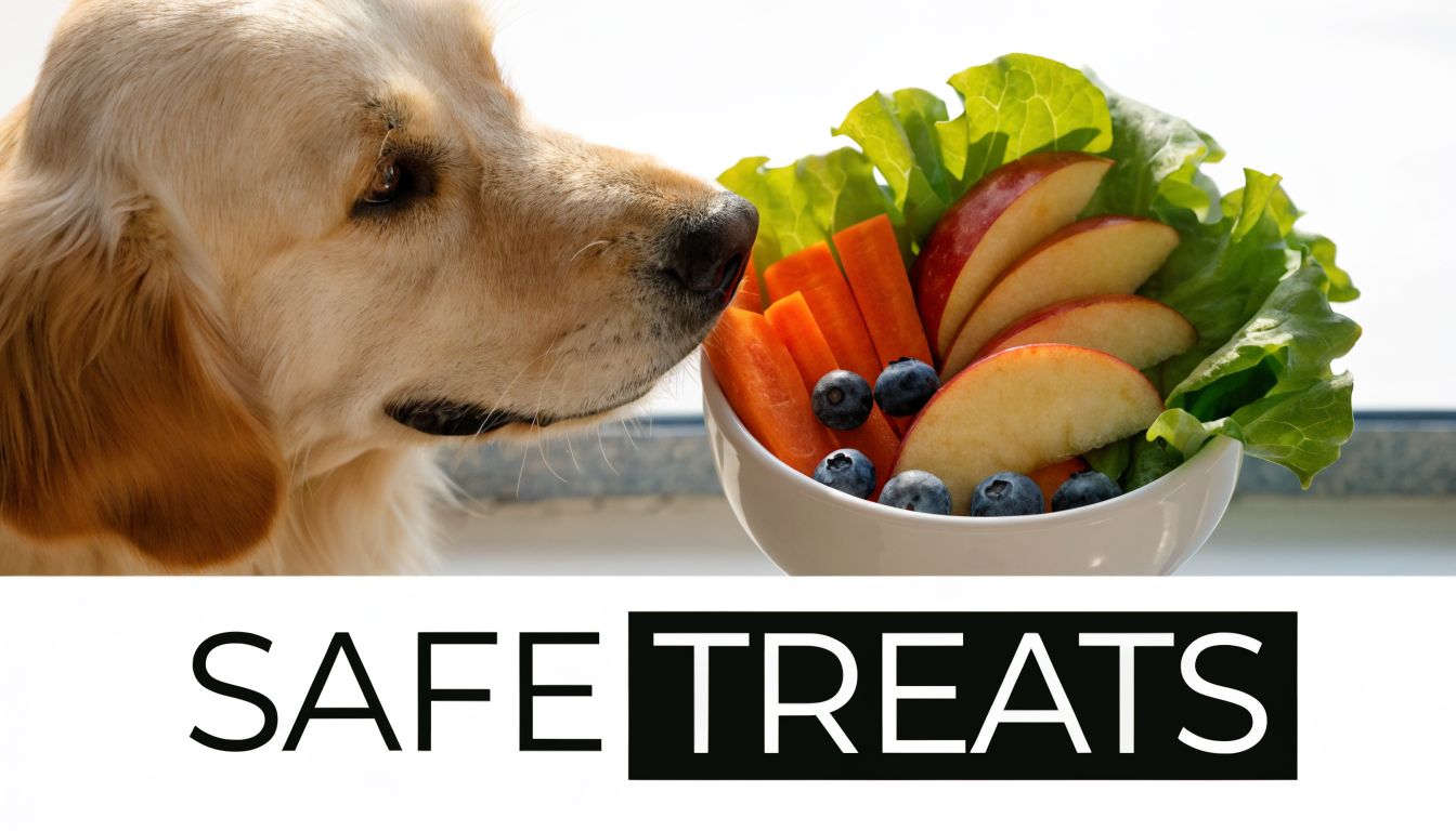 A golden retriever dog sniffing a white bowl filled with healthy dog-safe treats like apples and carrots.