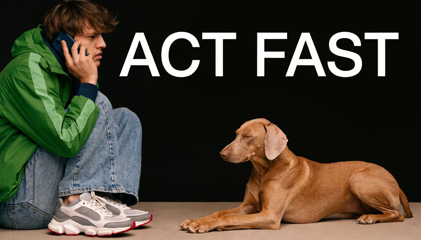 A person sitting on the floor talking on a phone next to a brown dog with closed eyes.