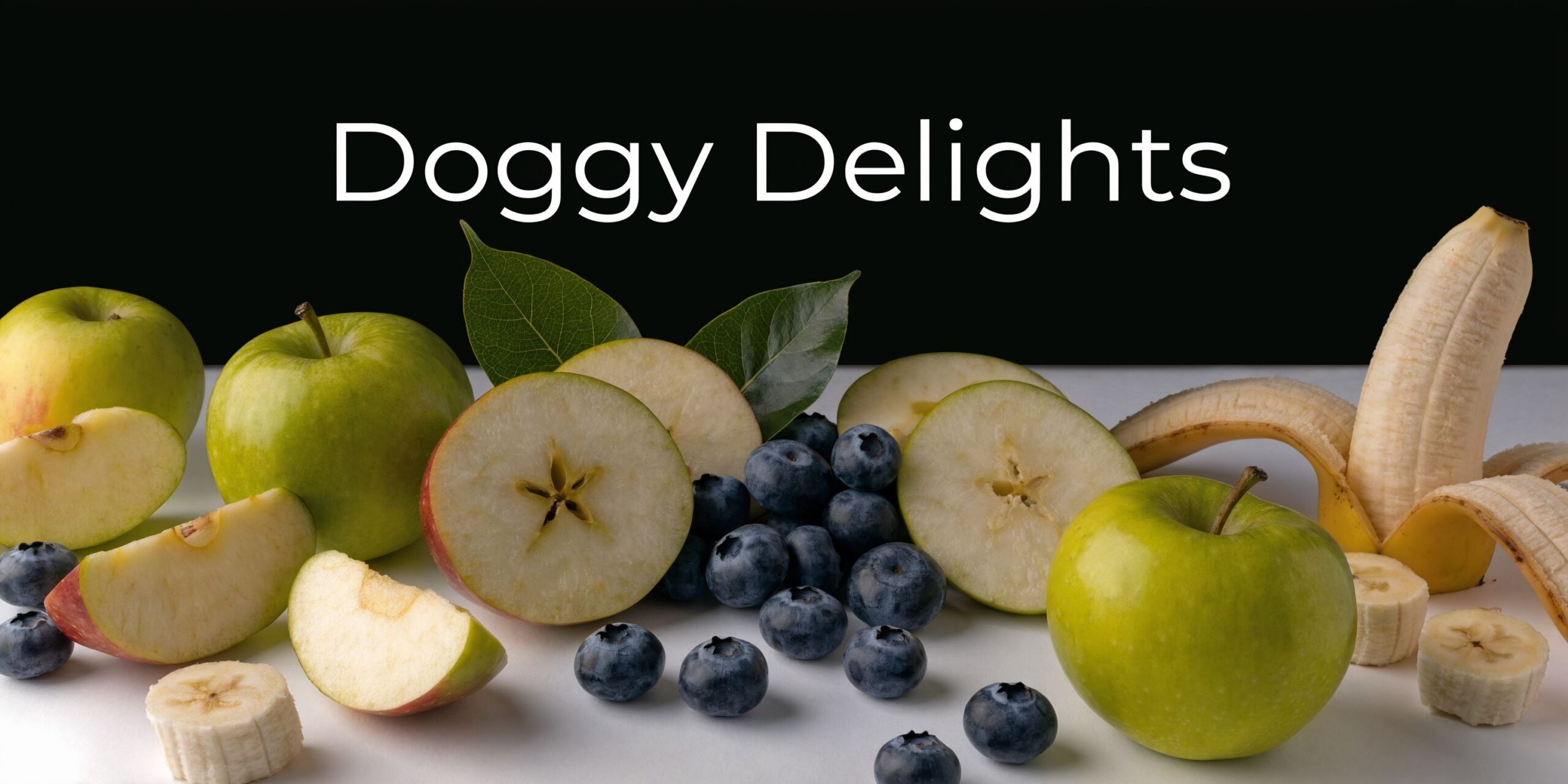A selection of fresh green apples, blueberries, and sliced bananas arranged on a white surface for dogs.