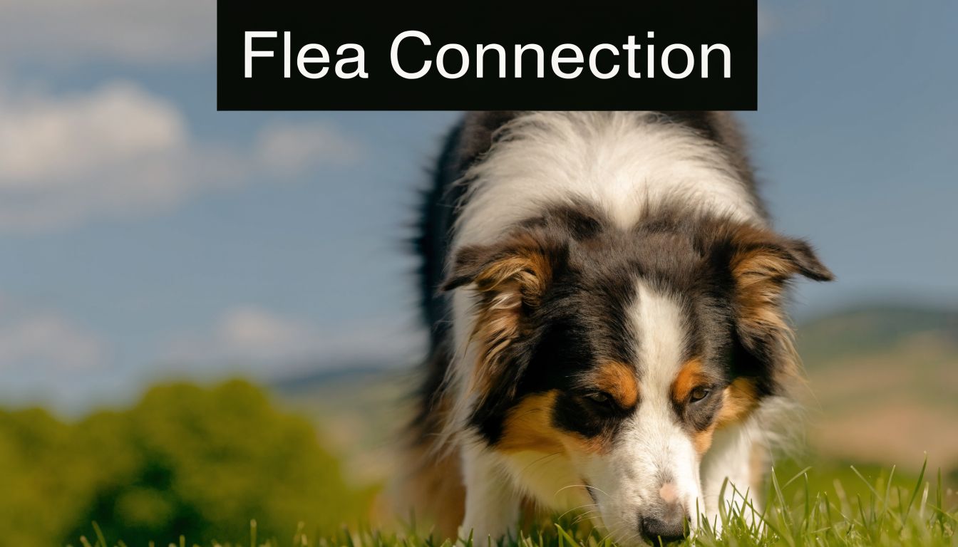 A tricolor Australian Shepherd dog sniffing the green grass outdoors in a sunny meadow.