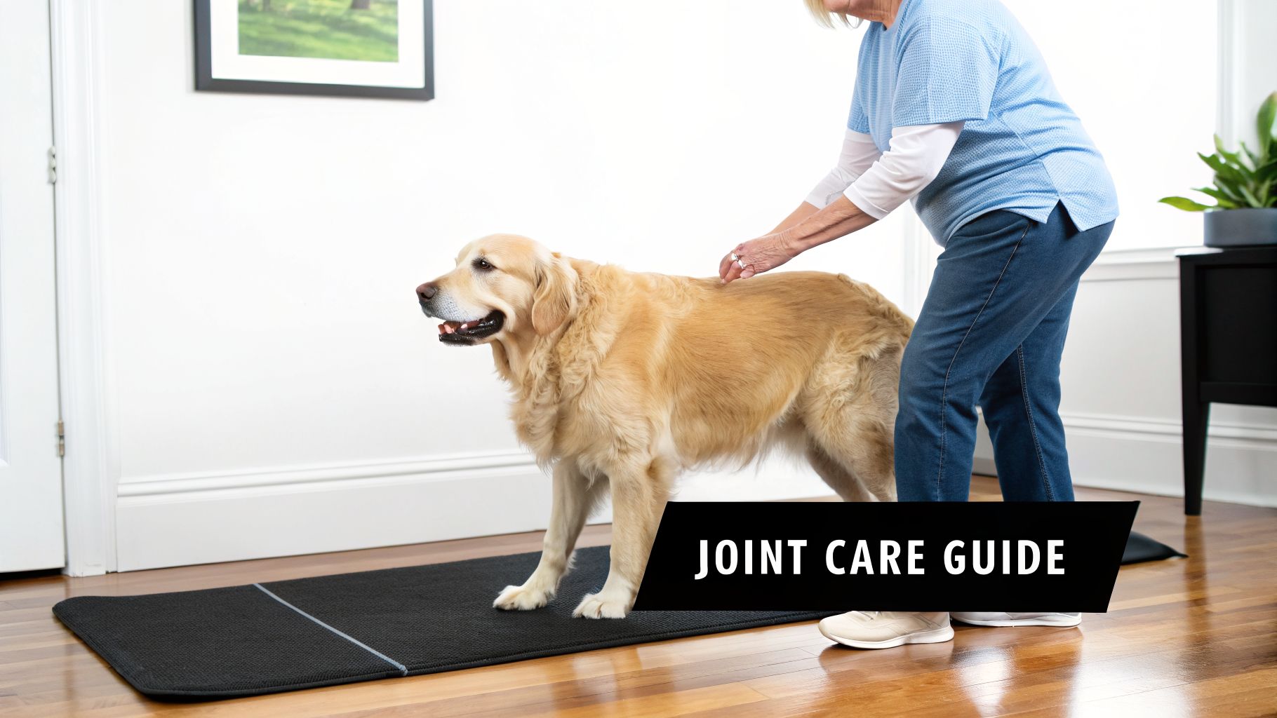 A woman gently pets her golden retriever on a black mat, promoting dog joint health and care.