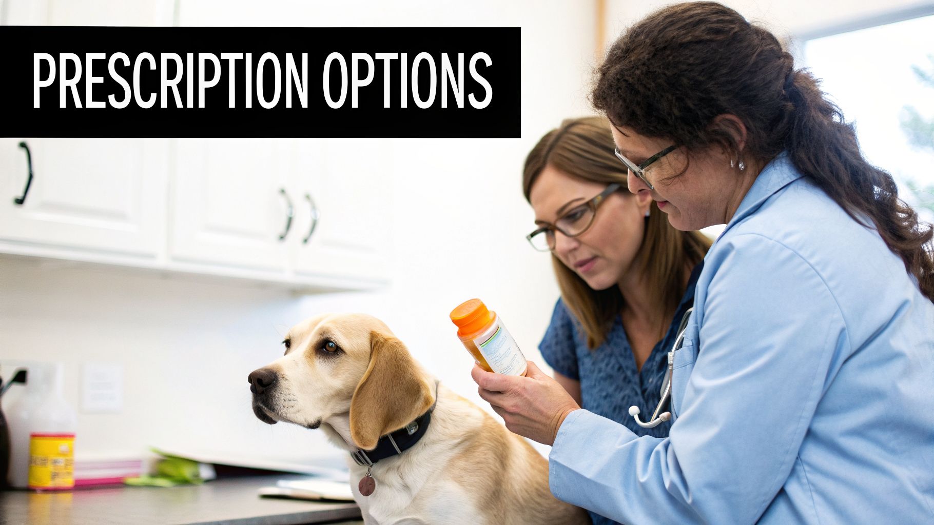 A veterinarian explains prescription options to a pet owner with their dog during a check-up.