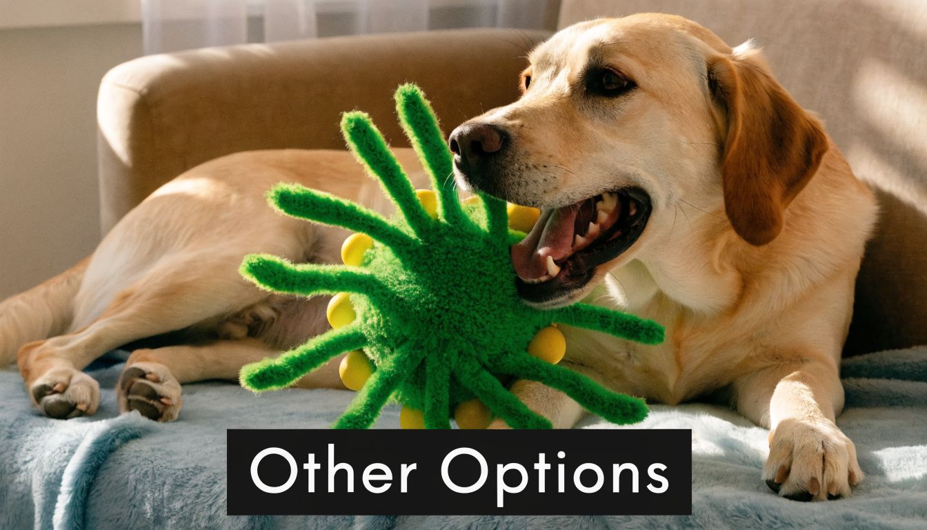 A yellow Labrador Retriever lying on a blue blanket playing with a plush green virus toy.