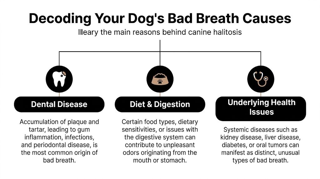 An infographic titled Decoding Your Dog's Bad Breath Causes showing dental disease, diet, and health issues.