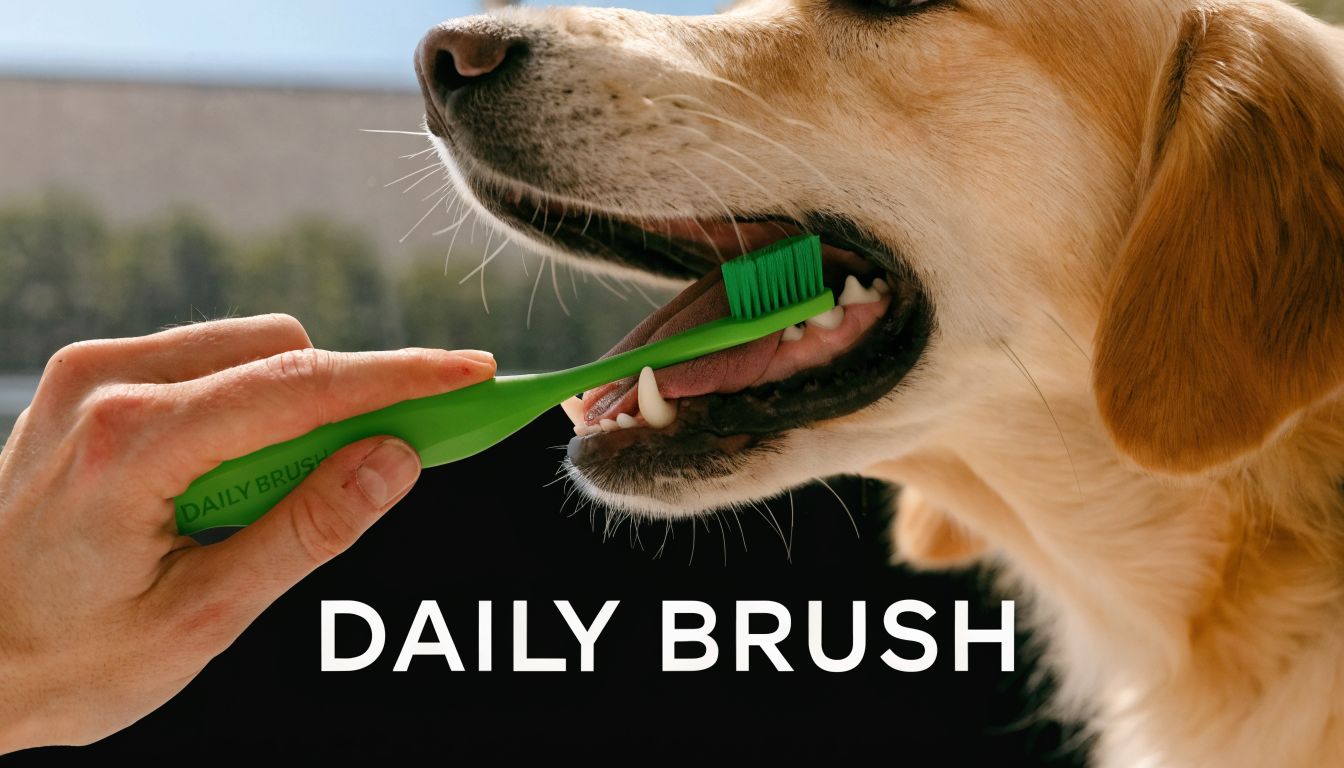 A person cleaning the teeth of a light brown dog using a bright green toothbrush.