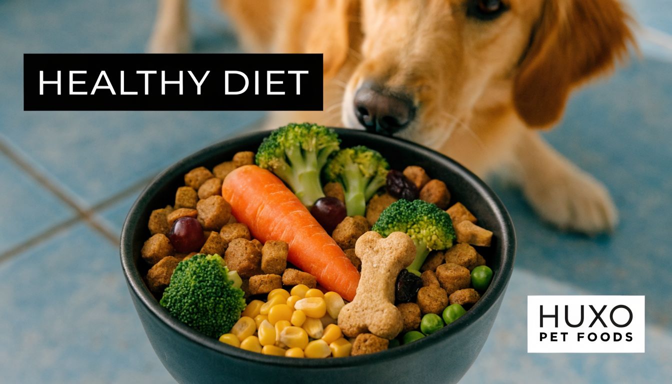 A golden retriever looking curiously at a bowl filled with healthy dog food, vegetables, and treats.