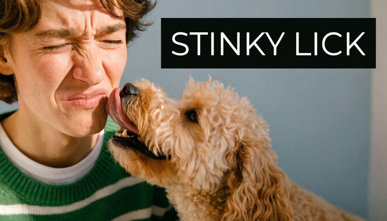 A young person making a disgusted face while being licked on the cheek by a fluffy dog.