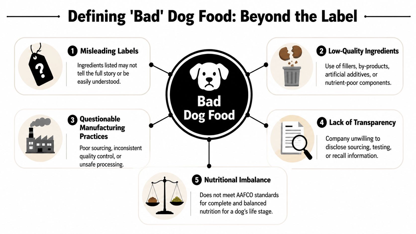 An infographic titled Defining Bad Dog Food detailing five key indicators of poor quality pet food.