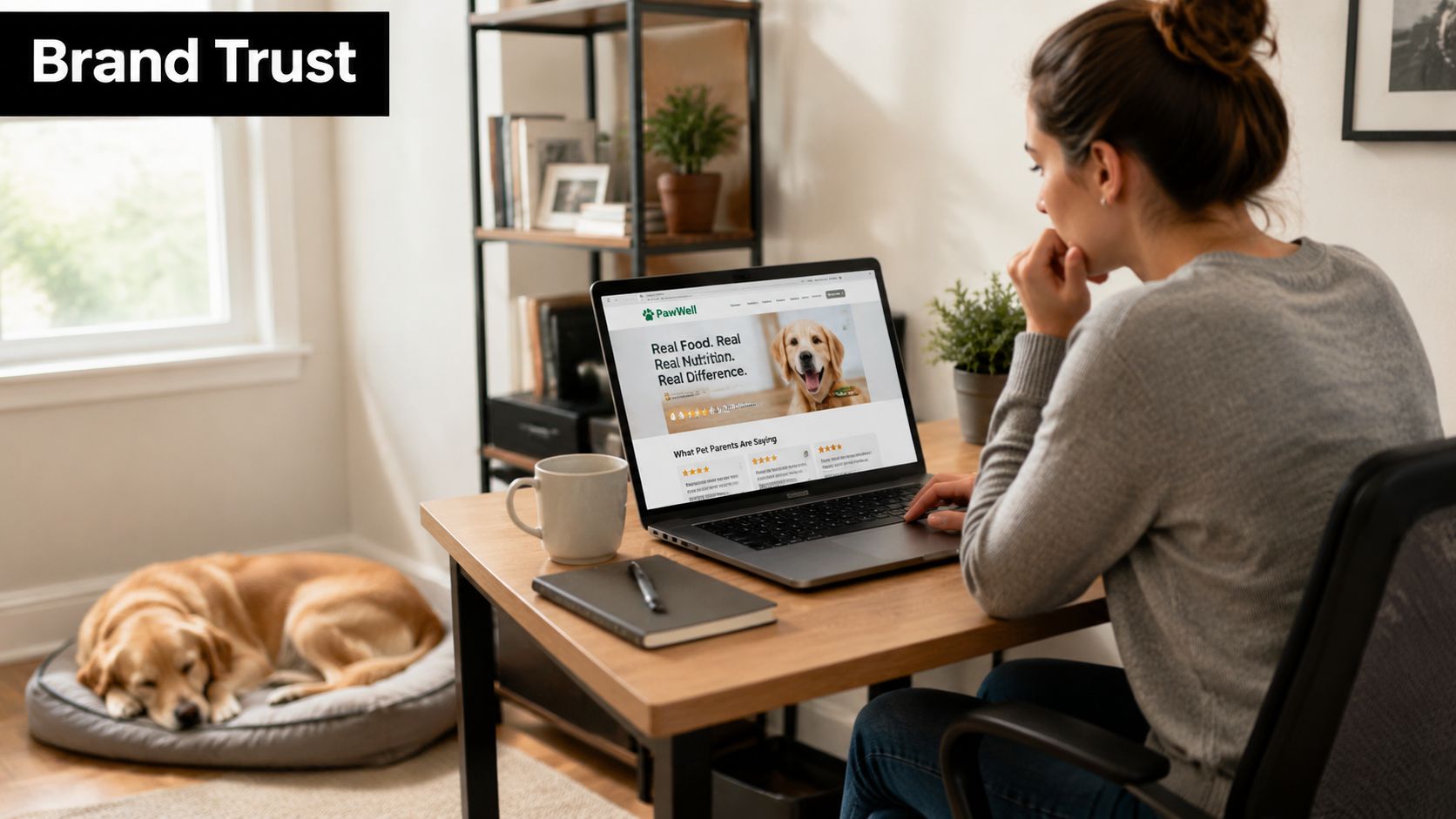 A woman working on a laptop at a desk while a dog sleeps peacefully nearby.