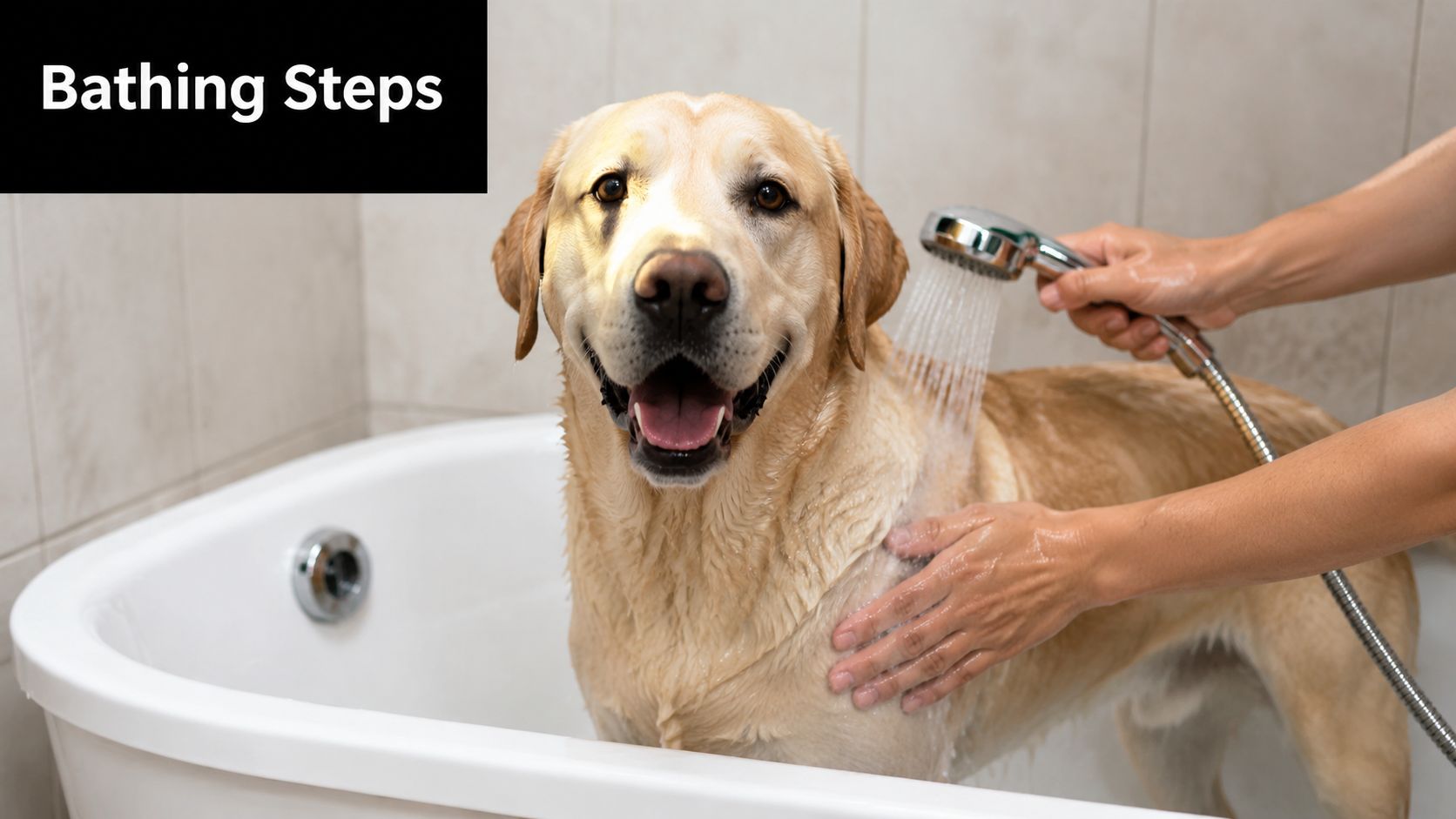 A person washing a friendly yellow Labrador Retriever in a white bathtub using a handheld shower head.